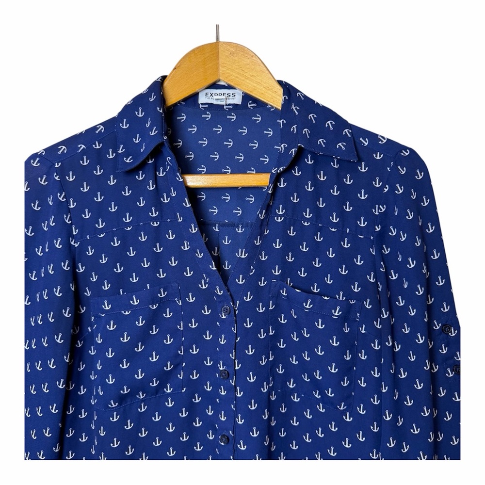 Nautical Anchor Print Blouse S Express Long Sleeve Button Down Navy Coastal Blue - Picture 3 of 10